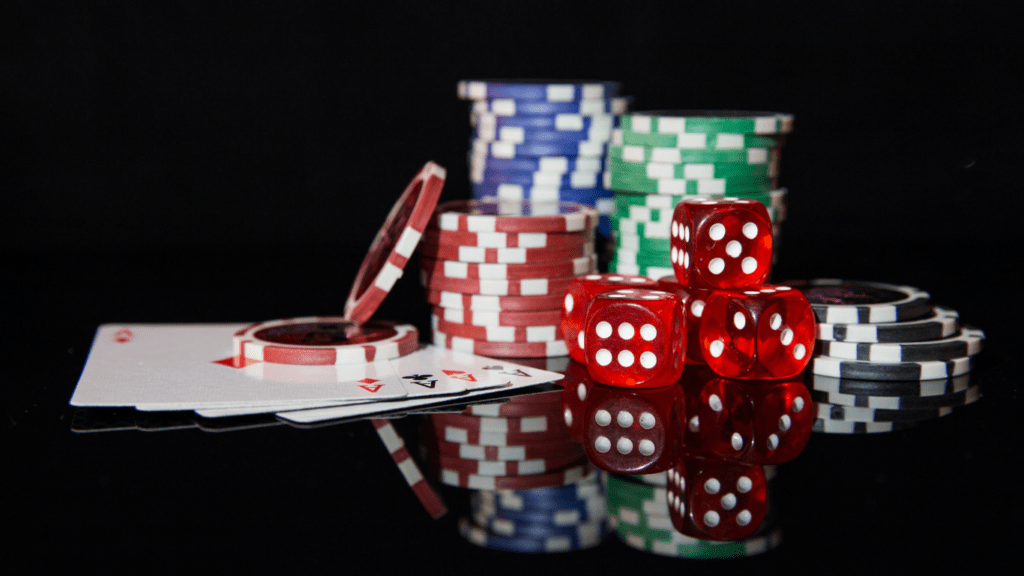 Casino playing cards , chips and dice